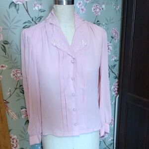 Women's Light Pink Embroidered Collar Button-Up Blouse